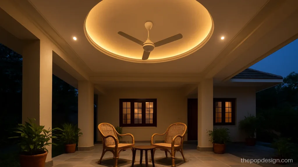 Front porch POP design with fan in a recessed circle over a sitting area