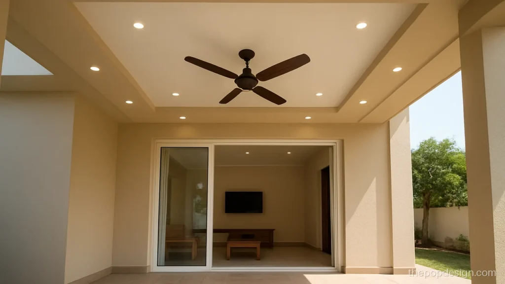 Hall porch new modern POP plus minus design with a fan in a raised rectangle