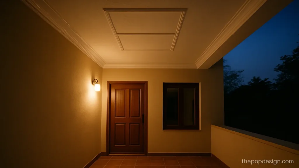 Front porch POP design for porch without ceiling drop, using grooves and a cornice