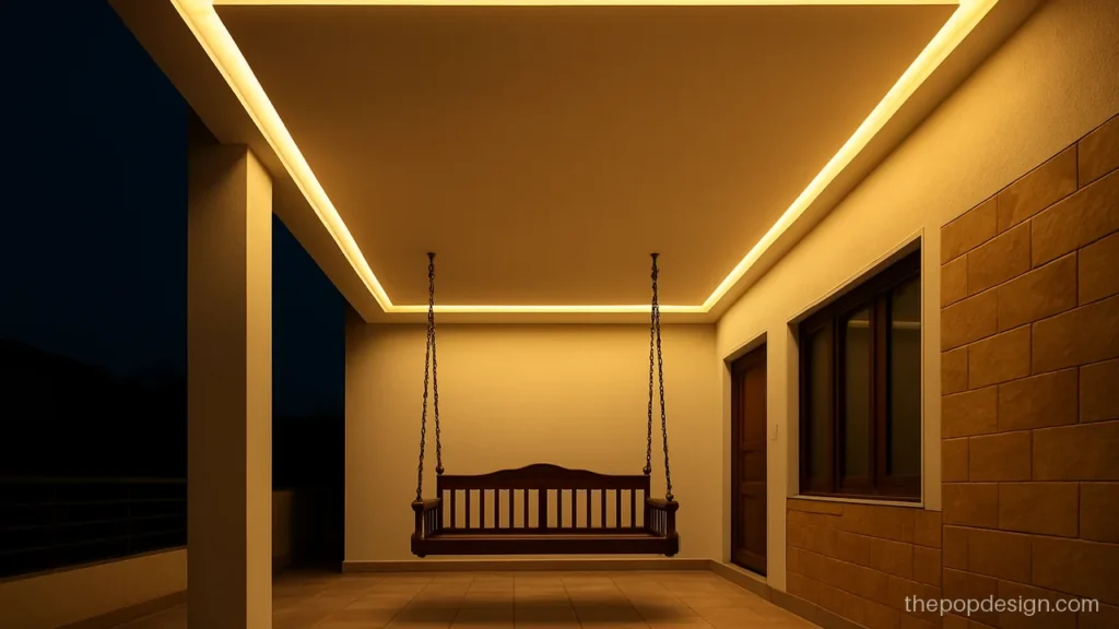 Outdoor porch POP design with a narrow light strip border and no false ceiling