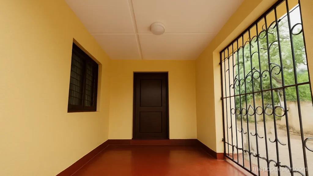 Minus POP design for porch without ceiling, with recessed lines in a cross
