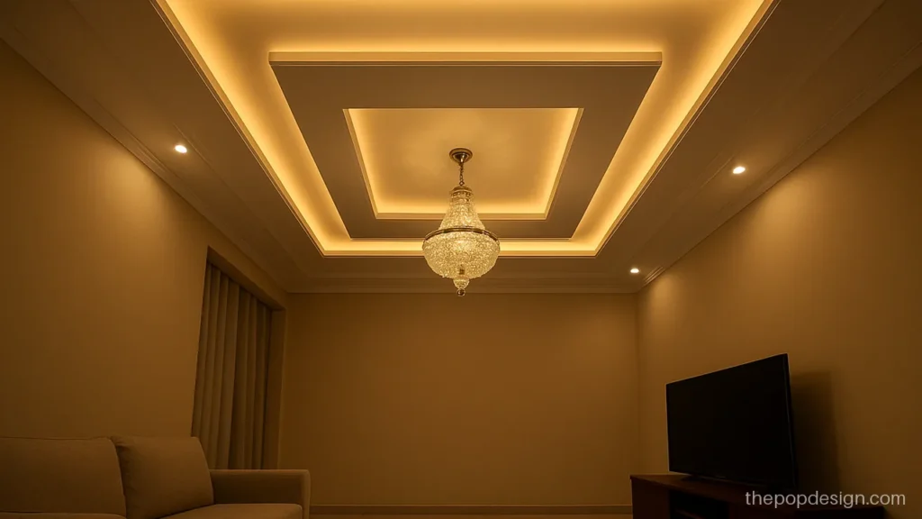 Pop ceiling light design with two layer concealed cove in a living room