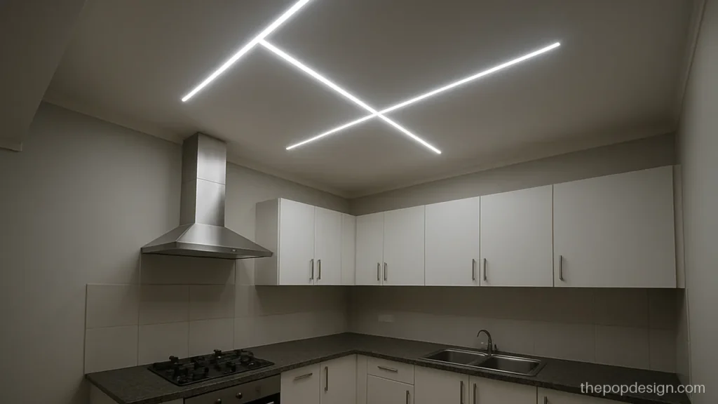 Pop profile design with a grid of cool light lines in an open kitchen