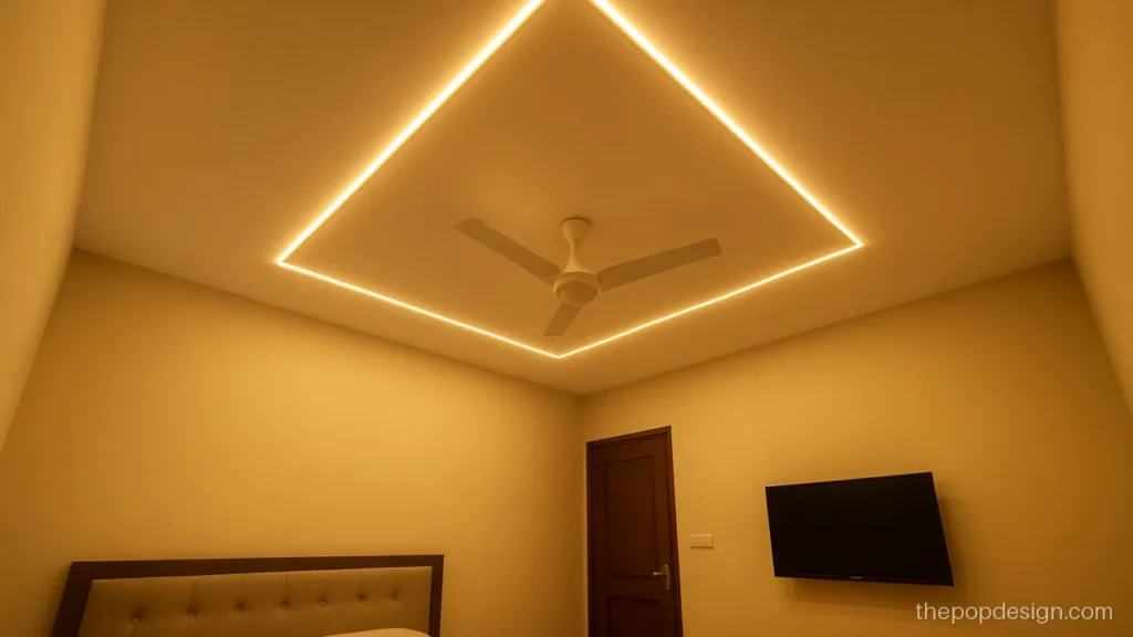 Simple pop light design with one warm profile rectangle in a bedroom