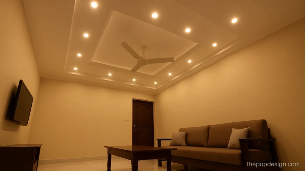Pop light design for hall with a ring of spot lights in the border