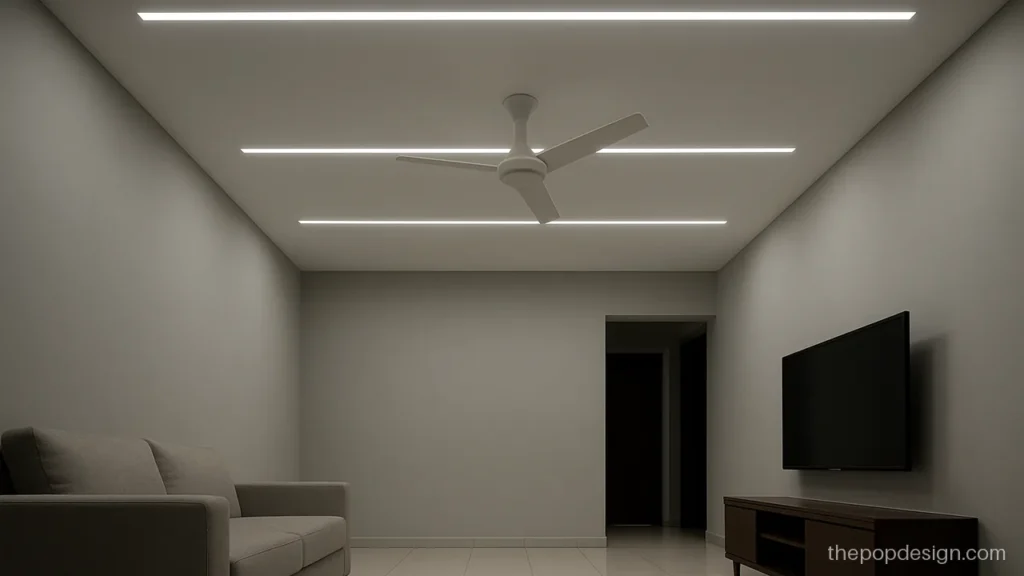 Pop profile light design with three parallel light lines across a hall