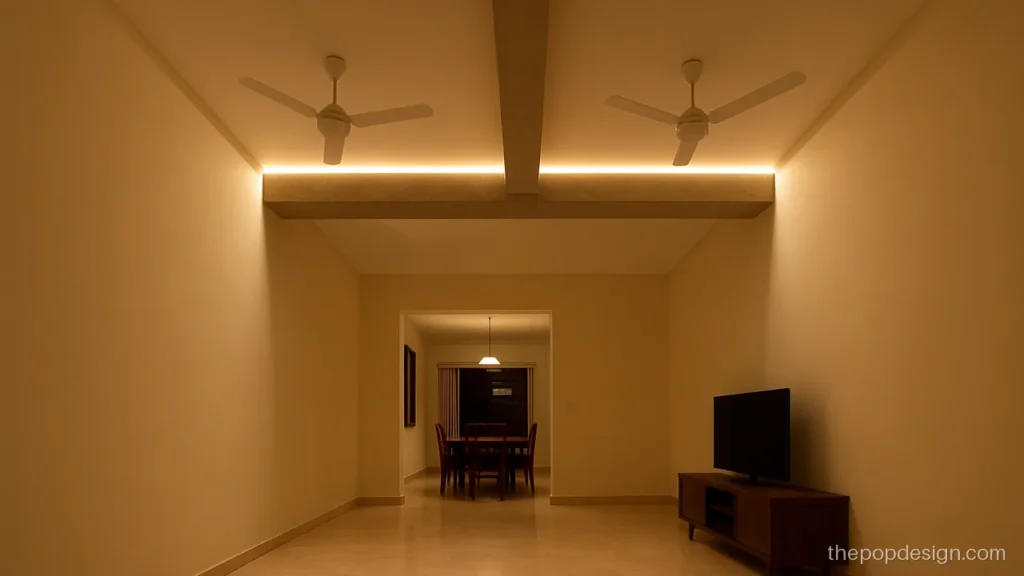 Roof pop design for hall with a boxed beam and two fan zones