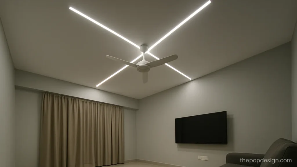 Latest pop roof design with recessed light lines cut into slab POP