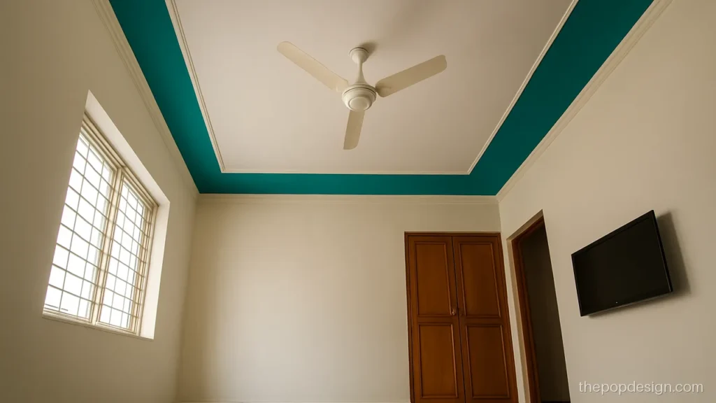 Pop roof design with a two tone teal band around the slab
