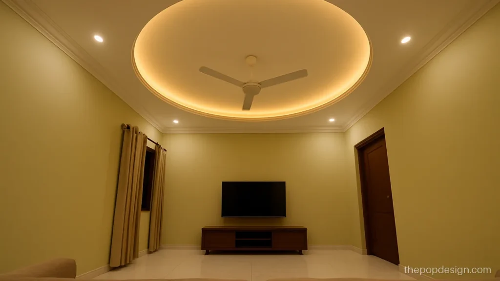 12x12 hall pop design with a large circle recess around one fan
