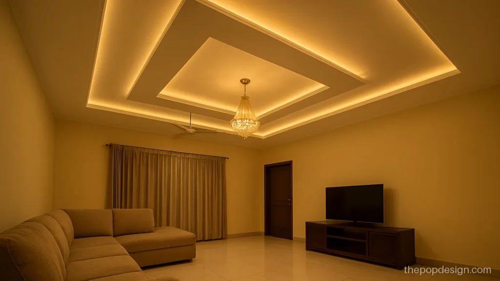 15x15 hall pop design with one fan and a crystal jhumar