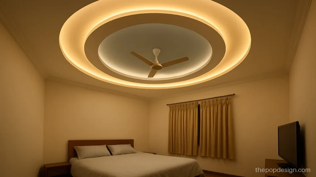 Circle pop design with colour: a pale blue inner ring in a bedroom