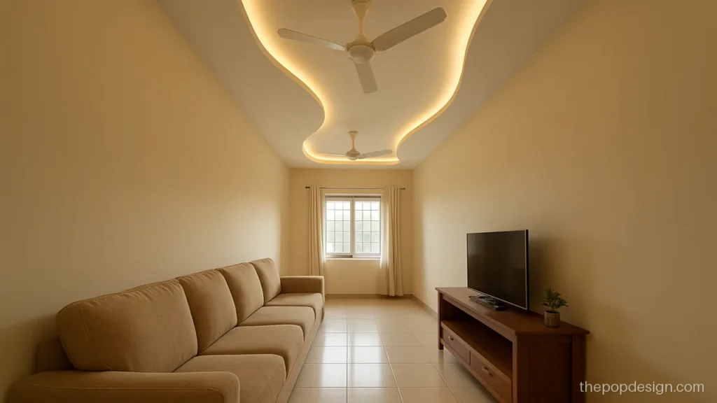 Curved pop design with a wave of light along a long hall
