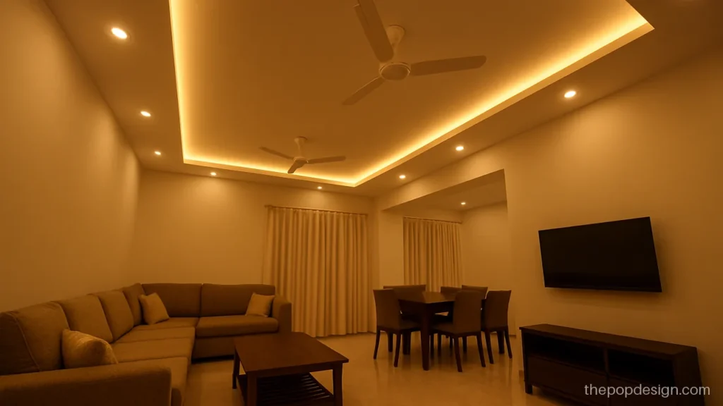 L shape hall pop design with a cove following the room and two fans