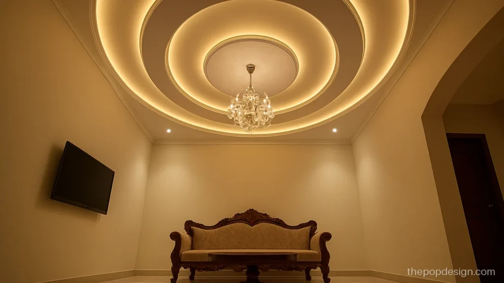 Pop round design with three concentric rings and a crystal jhumar