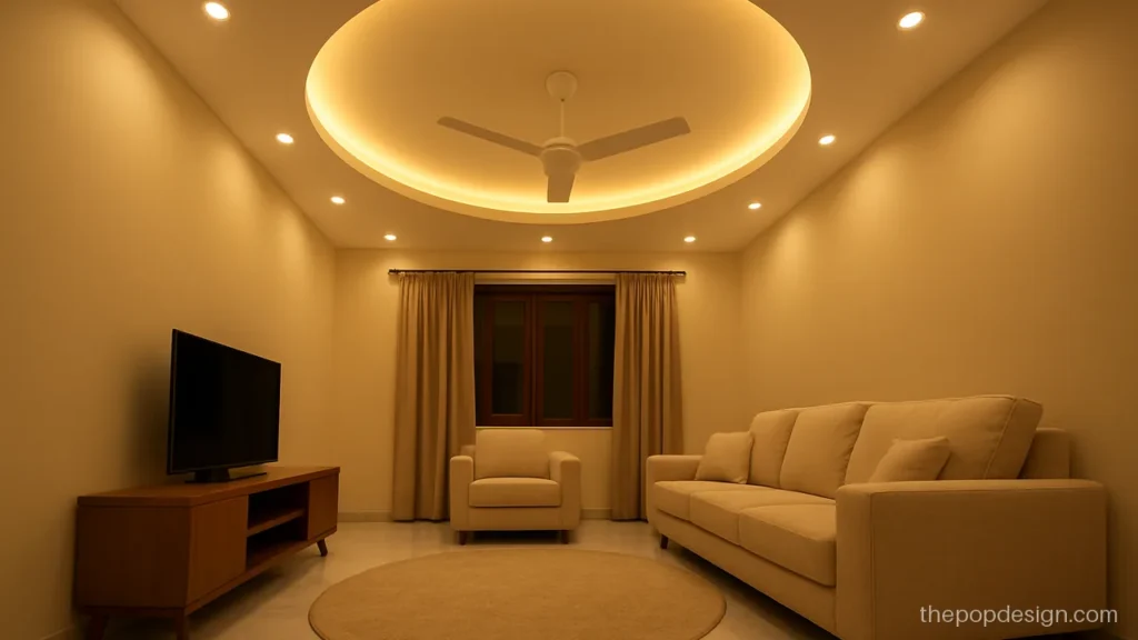 Round pop ceiling design with a recessed circle and warm cove