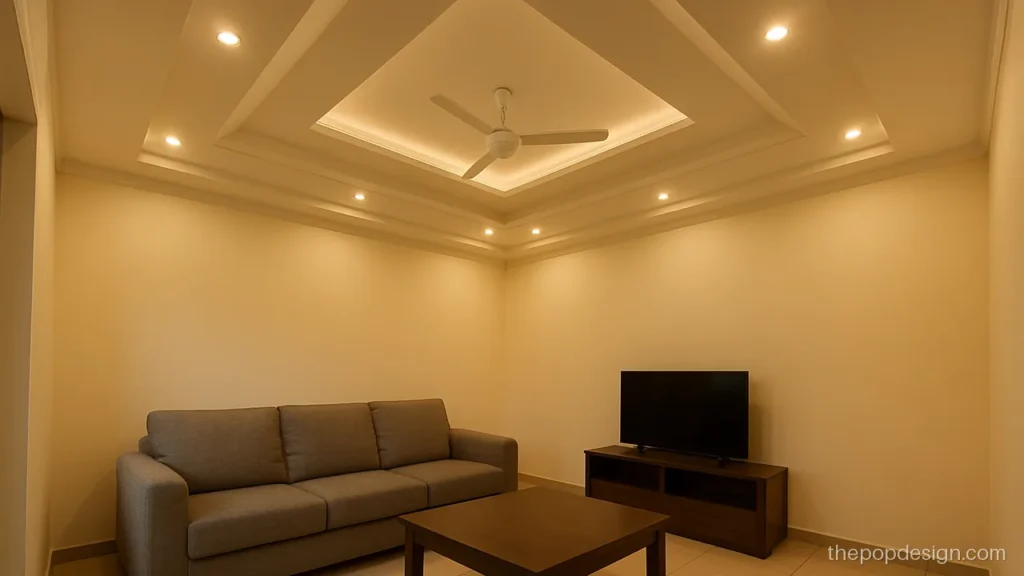 Simple square pop design with one step and spot lights in a hall