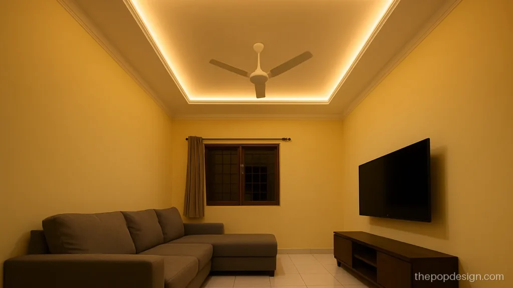 Simple pop design for hall with a rectangle frame and a centre fan