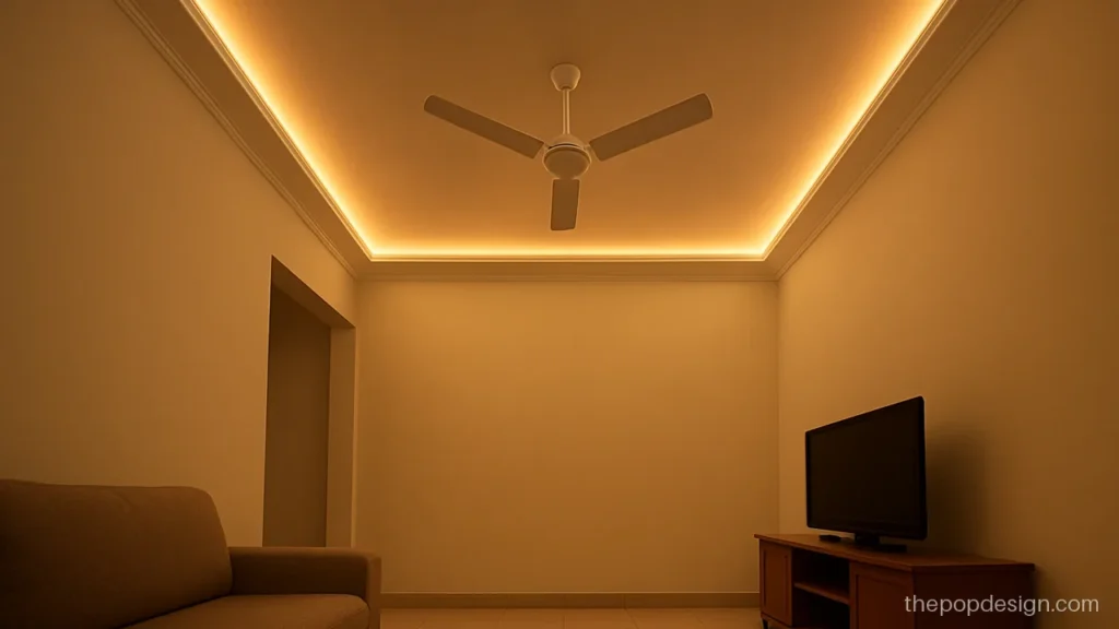 Small hall pop design with a slim peripheral cove for a low ceiling