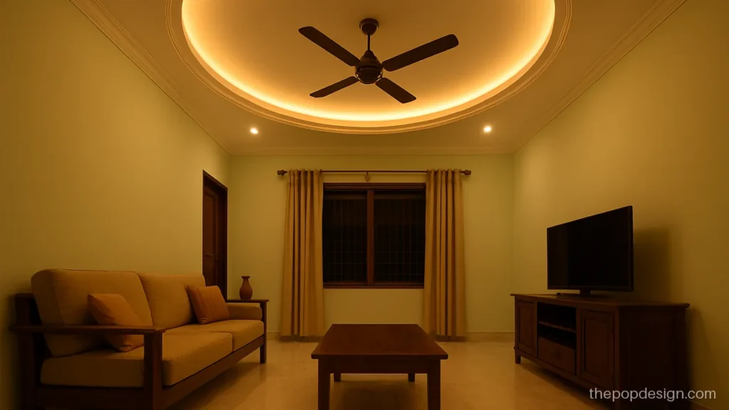 Pop simple design with one fan in a circle recess for a hall
