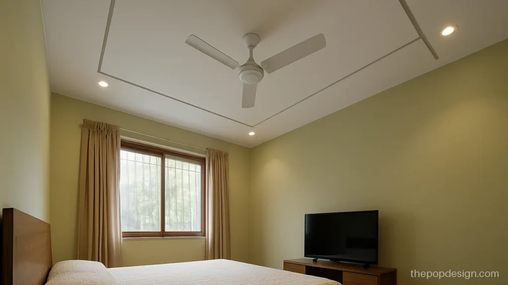 Simple POP ceiling with one fan where two grooves cross