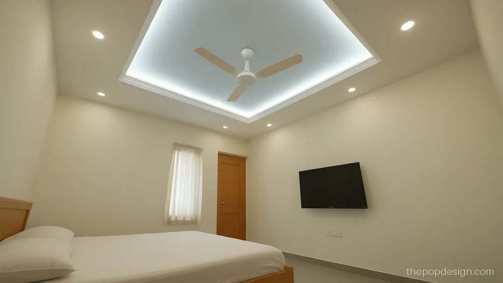 Simple single step square POP ceiling with one fan and light blue tint