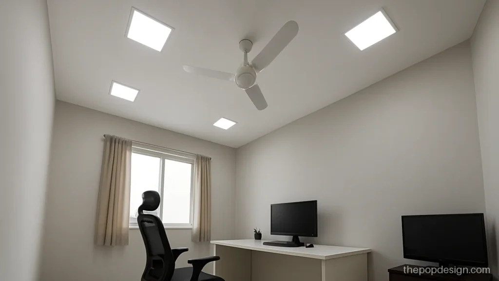 Plain pop ceiling design with a flat finish and square panel lights