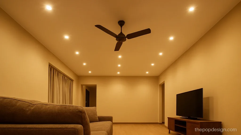 Simple popular pop design photo of a matte off-white flat hall ceiling