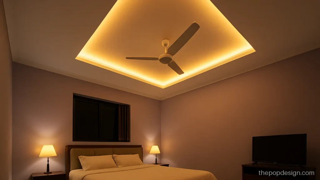 Simple pop design for room with a raised panel above the bed
