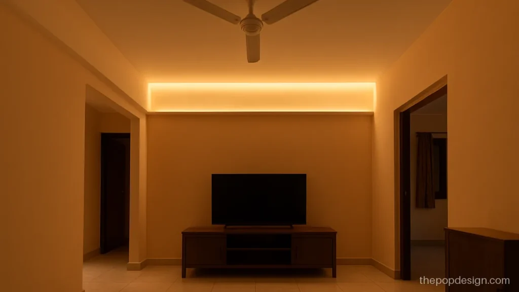 Normal pop design for hall with a single light trough on the TV side