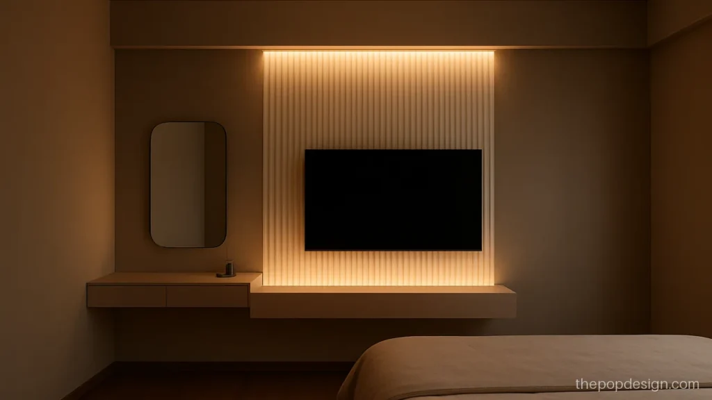 Bedroom pop tv panel design with fluted texture and a dresser shelf