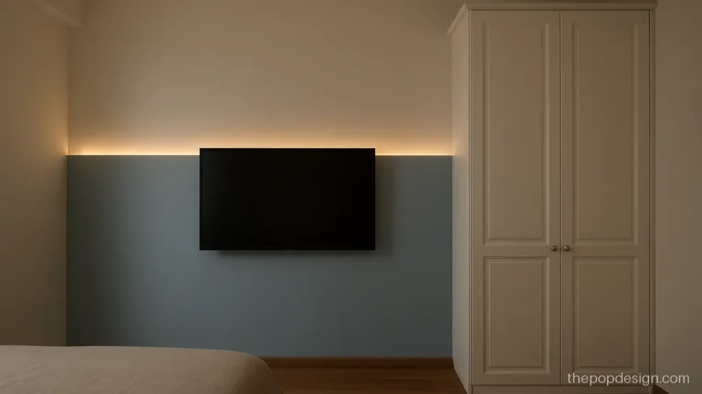 Bedroom TV wall in POP with two tone panels beside a wardrobe