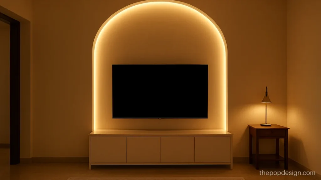Pop tv unit design for hall with a tall arched recess in cream