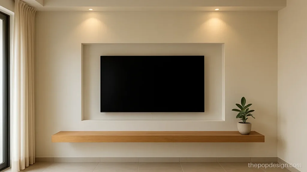 Hall TV POP design with a grey frame and a long wooden ledge