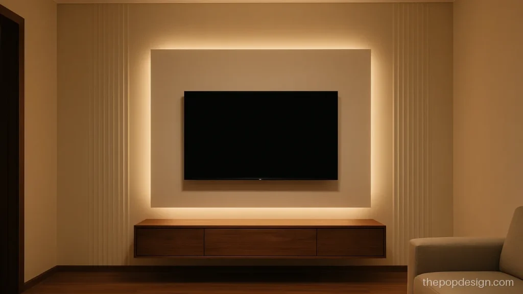 POP TV unit design for hall with a raised centre panel and side grooves