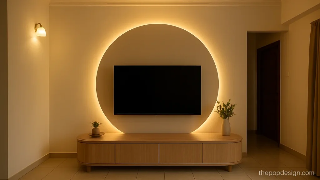 Pop modern round tv unit design with a back-lit halo panel