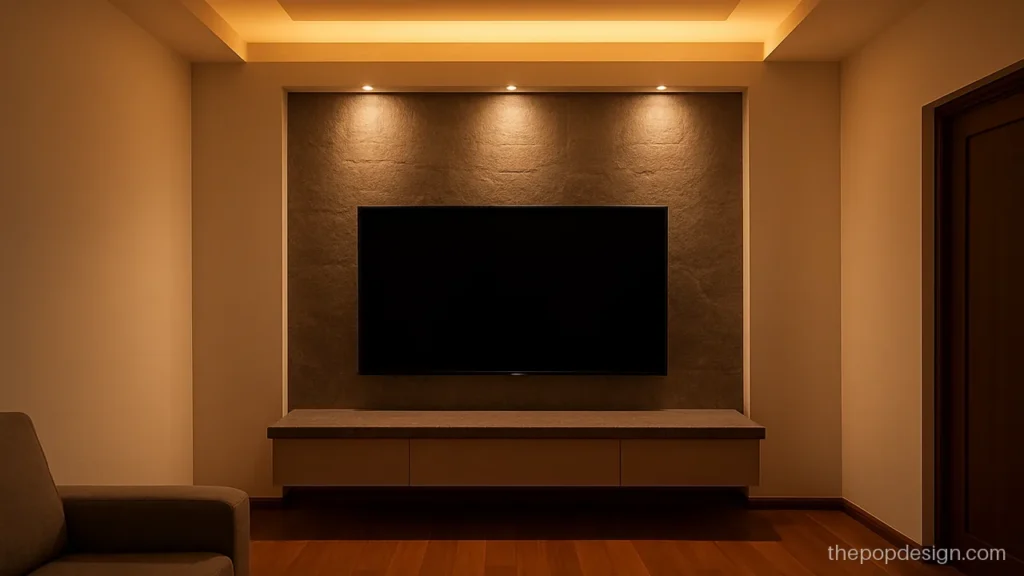 Latest pop tv stand design with a stone look panel and ceiling cove