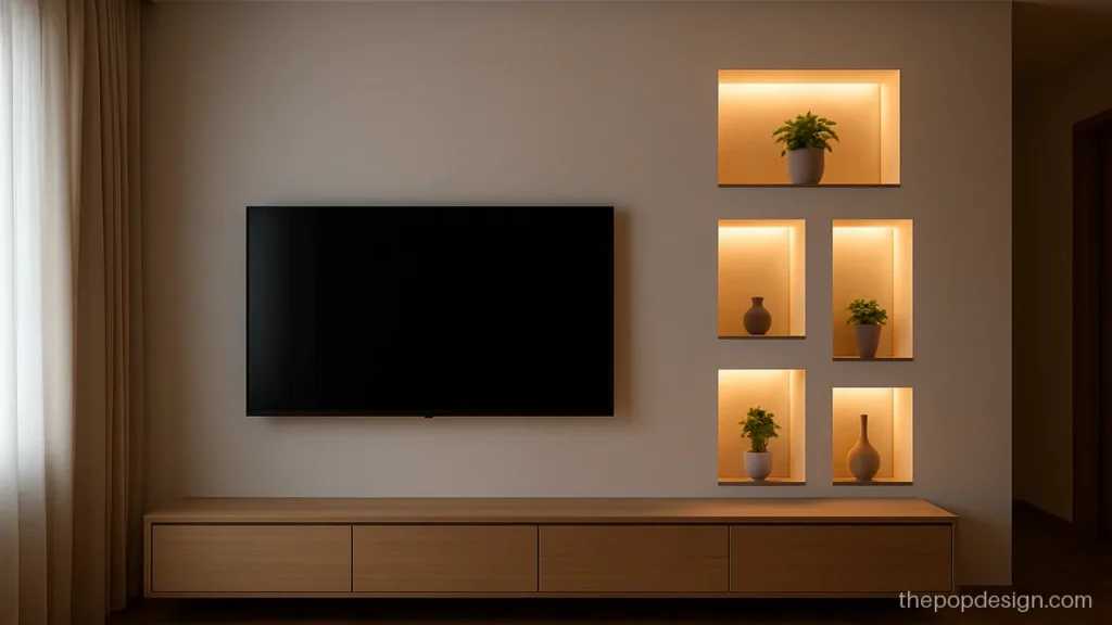 Modern pop tv unit design with asymmetric niches and oak shelves