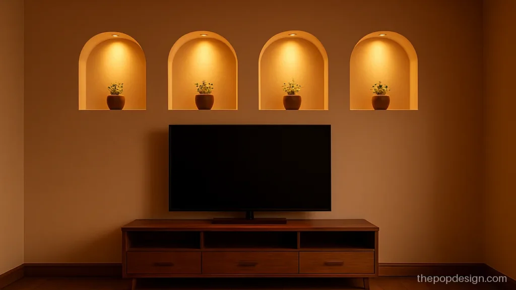 POP showcase design with round top niches above a low TV stand