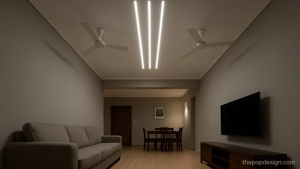 Latest modern 2 ceiling fan pop design with profile lines between fans