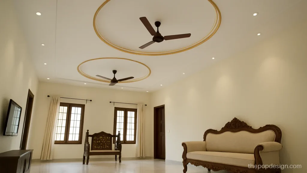 Attractive main hall two fan pop design with two circles and gold rings