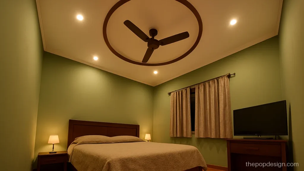 Pop design for room with fan box and a round wood ring