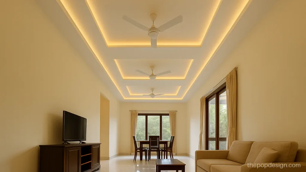 Hall 3 fan pop design plus minus in a long bungalow hall