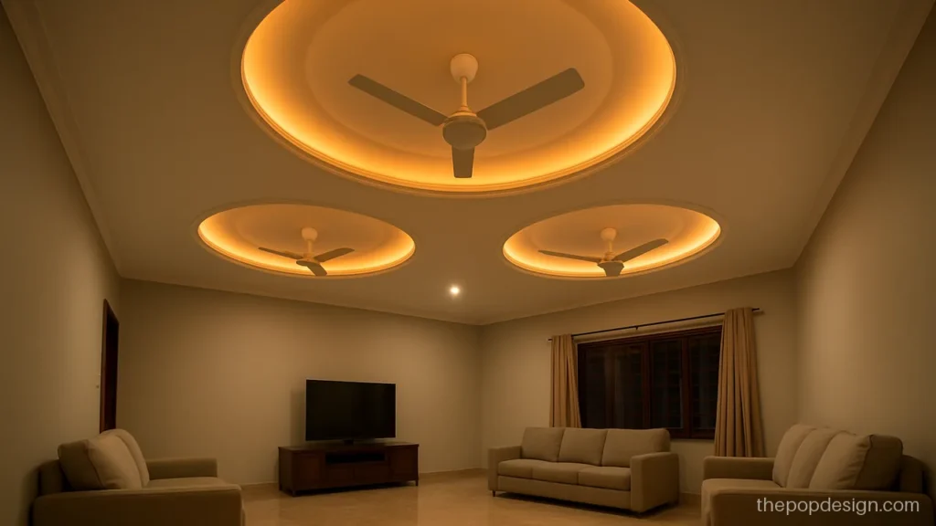Attractive 3 fan pop design for hall with fans in a triangle