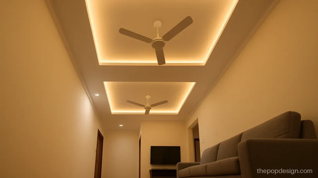 Modern style 2 fan pop design for hall with twin rectangle recesses