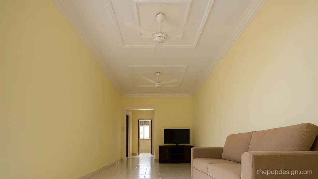 Two fan box pop design with plain square boxes on a flat ceiling