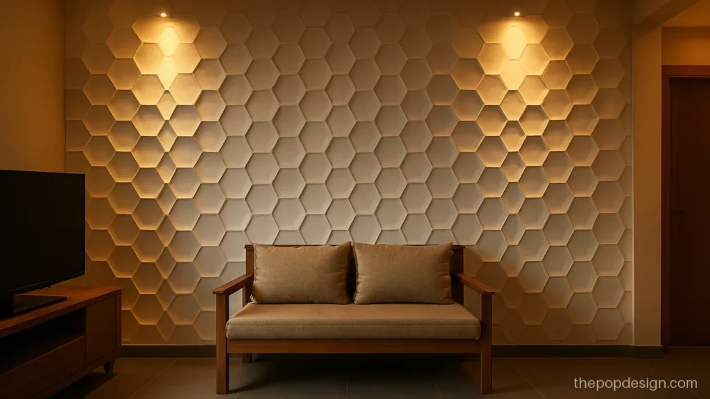 3d pop wall design with raised hexagon tiles on a hall wall