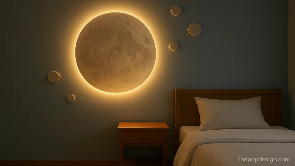 POP moon design on wall with raised circles in a bedroom