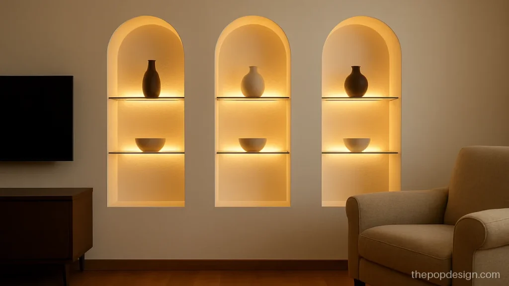 Pop design for wall with lit arched niches and glass shelves