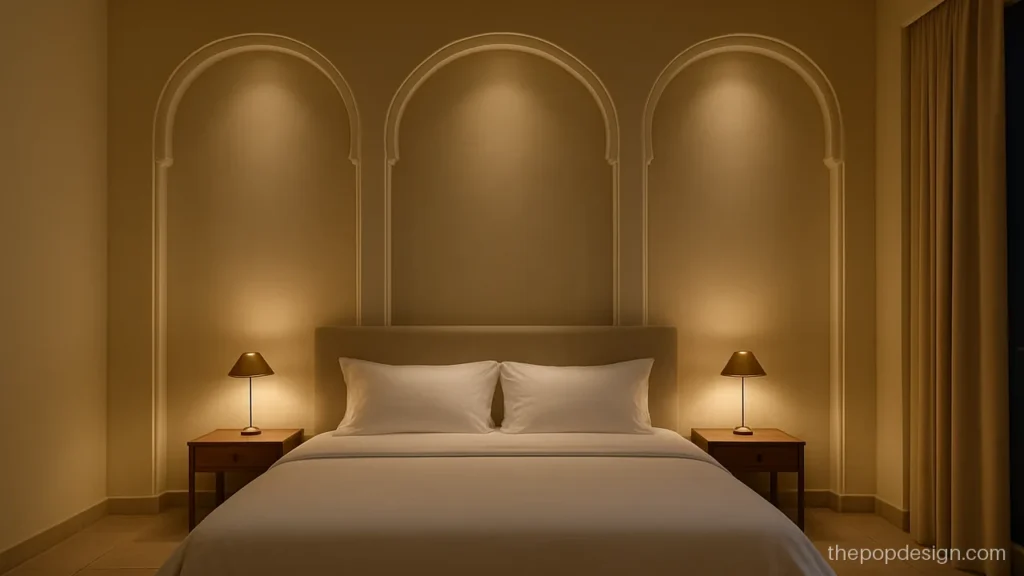 Pop design on wall behind bed with three tall arched panels